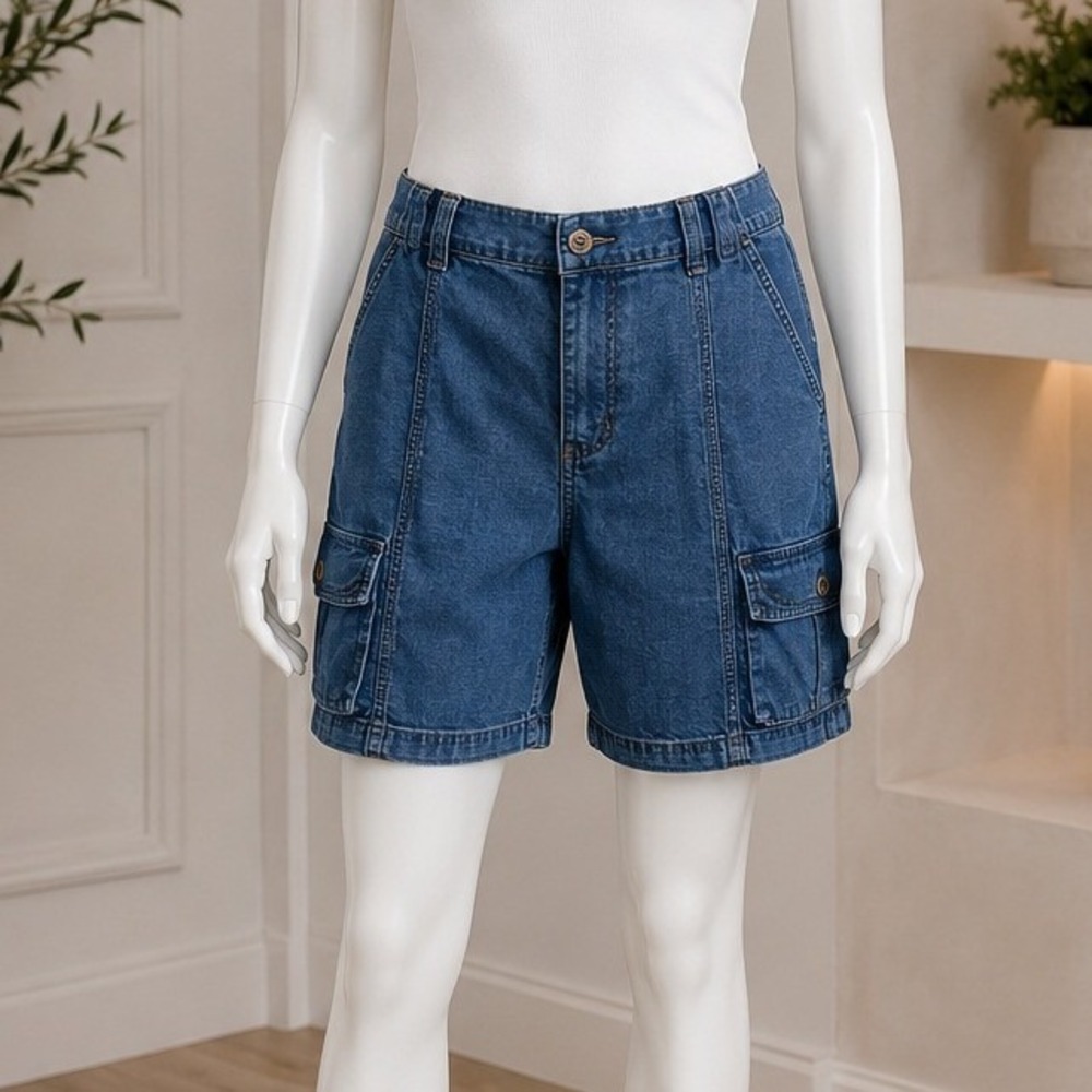Style & co Womens Cargo Shorts Blue Denim Elastic Waist Comfort 16